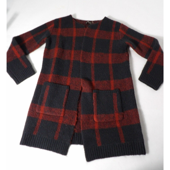 Dress Forum Cardigan Long Duster M/L Buffalo Plaid Red Black Duster Fuzzy Knit - Picture 7 of 11